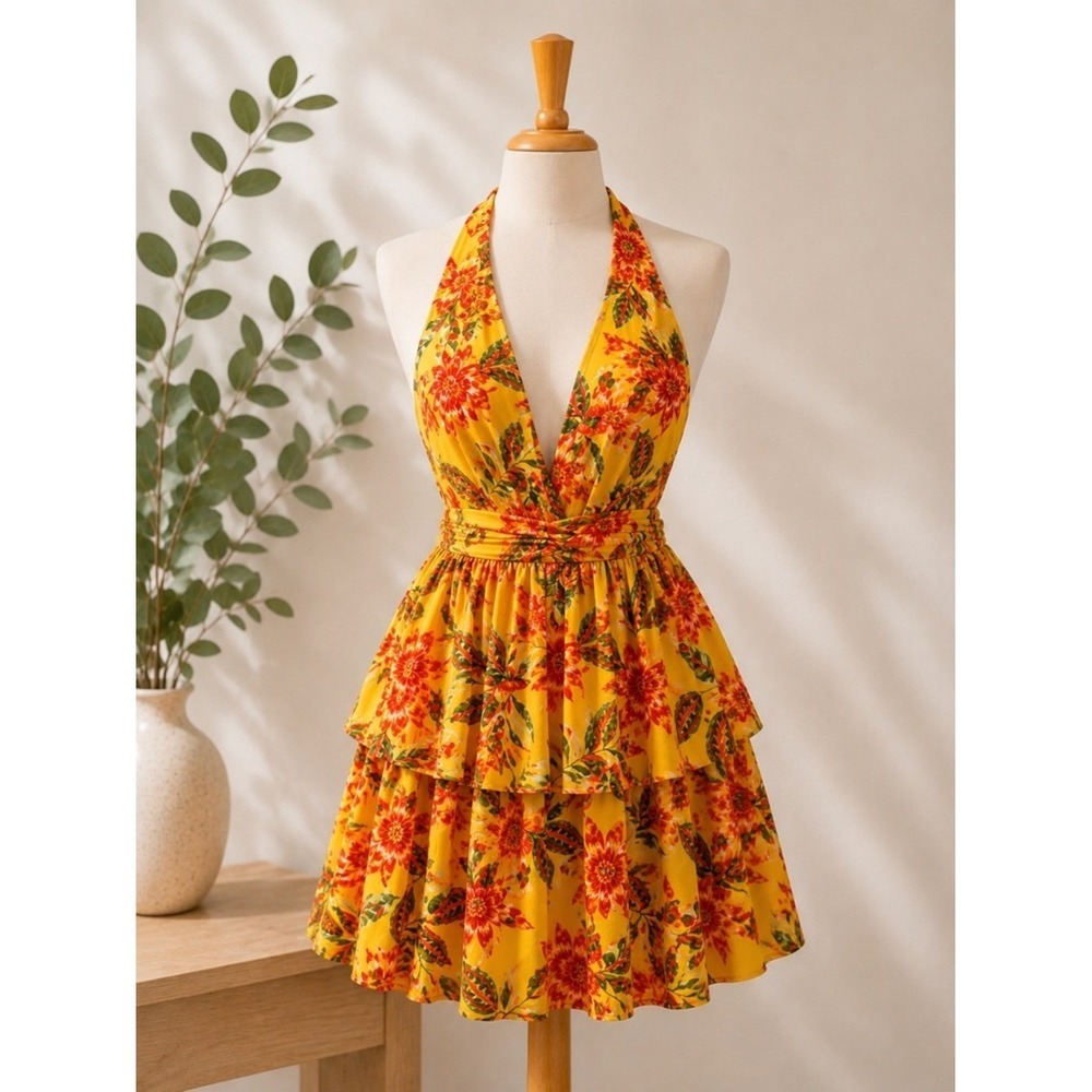 BCX Womens Yellow Tropical Floral Halter Mini Dress Tiered Ruffle Smocked XS NEW
